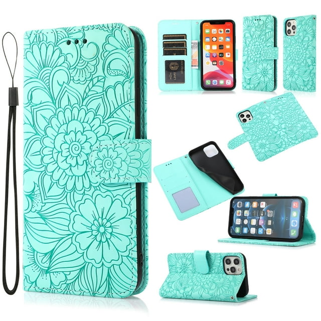 Étui Portefeuille Compatible pour iPhoneX/TP, Folio en Cuir Floral Mandala Embossé, Poignet Rabattable Antichoc, Protection pour Cartes d'Identité et de Crédit, Vert Menthe