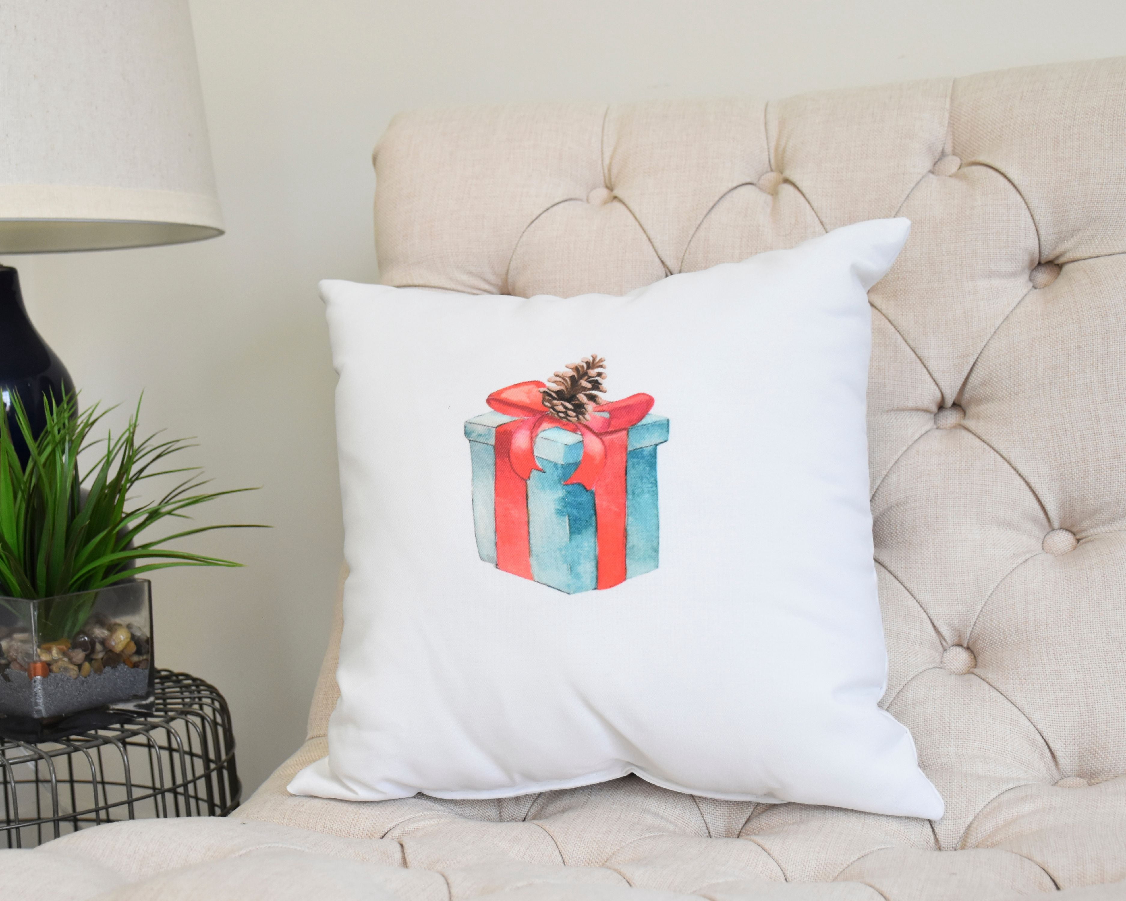Gift Wrapped 18 Inch Off White Holiday Print Decorative Throw Pillow