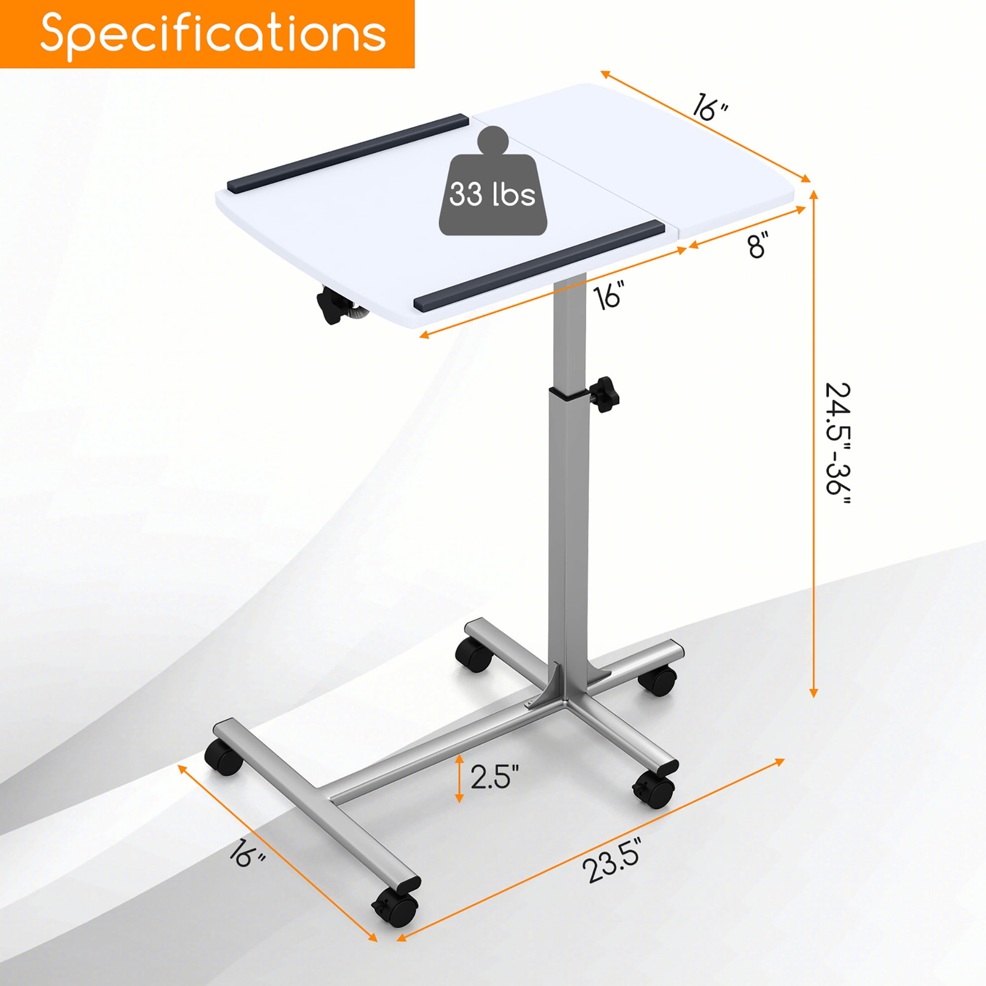 Gymax Height Adjustable Mobile Laptop Desk Standing Desk on Wheels Tilting Tabletop