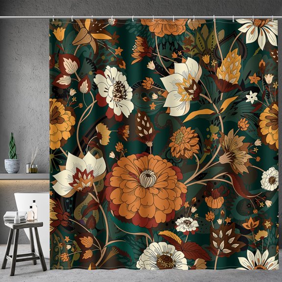 Aimego Long Boho Shower Curtain - Dark Green Floral Bohemian Chic Flowers Botanical Leaves Fabric Cloth Shower Curtain Set with 12 Hooks for Bathroom Decor Accessories Bathtub Curtain, 72"x78"
