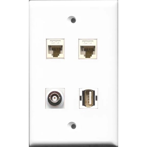 RiteAV 1 Port USB A-A and 1 Port BNC 2 Port Cat6 Ethernet White Wall Plate
