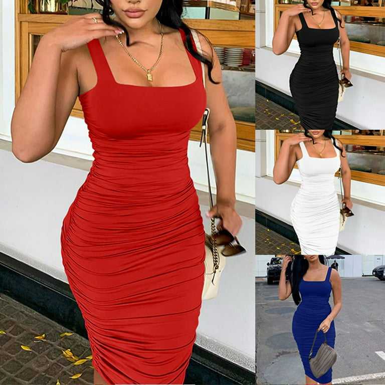 ALSLIAO Womens Sexy Slim Basic Sleeveless Tank Dress Soft Stretch Wrinkled  Casual Dress Red L 