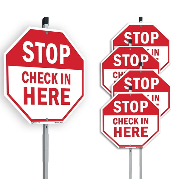 Stop Check in Here (5 Pack) 10 inch X 10 inch Octagon Plastic Signs with Aluminum Mounting Stakes Weather Resistant UV Protected for Workplace Private Property and Construction Site