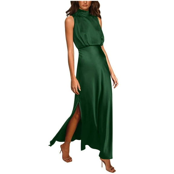 JINMGG 2026 Summer Plus size Dresses for Women under $10,Fashion Women Summer Solid Causal Round Neck Sleeveless High Split Maxi Dress