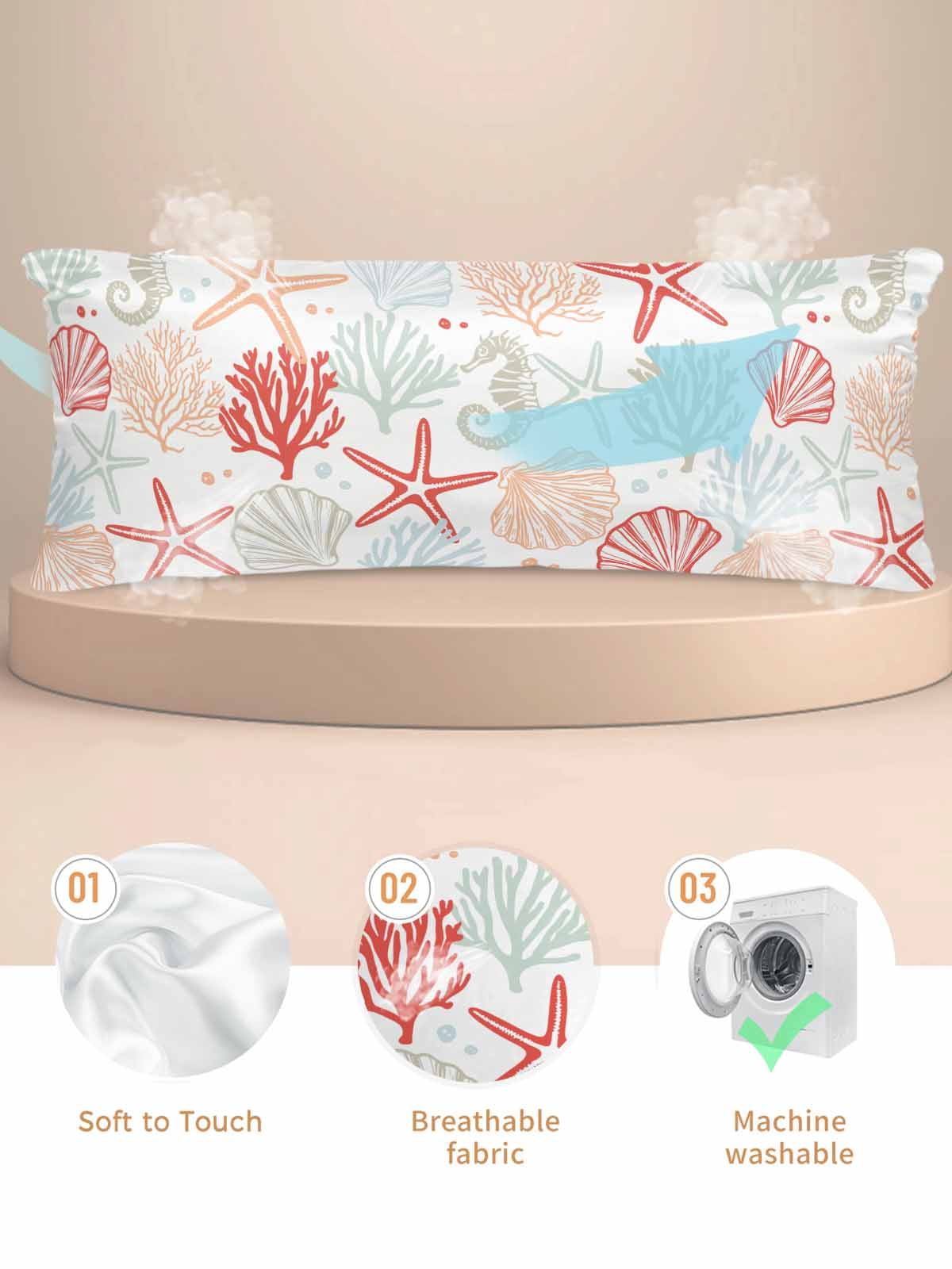 Ocean Orange Red Pillow Cases Body Size, Smooth Satin Pillowcase for Hair and Skin, Coastal Starfish Coral Shell Marine Decorative Cooling Bed Pillow Covers with Zipper, 20x54 Inches