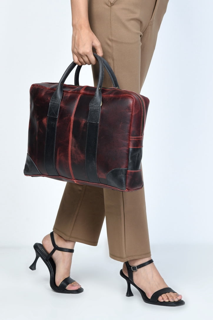SHARO Classic Leather Antique Red Leather Two Tone Laptop Bag Briefcase