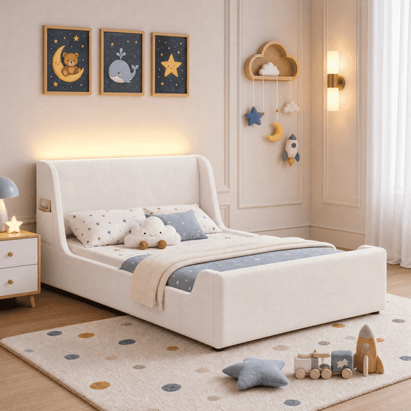 Seetech Full Size Platform Bed Frame with LED Lights, Velvet Upholstered Bed with Side Pocket, No Box Spring Needed, White