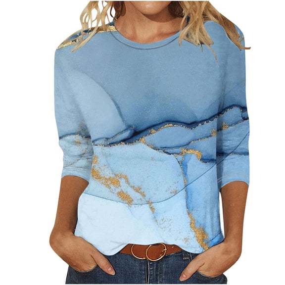 ICHUANYI Women's Shirts New Trending Easter Print T-shirt 3/4 Sleeves Blouse Crew Neck Casual Tops Summer 2024