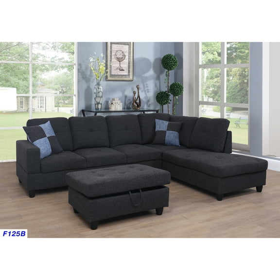 L Shape Sectional Sofa Sets - Modern Living Room Furniture with OttomansPillows - Black Grey