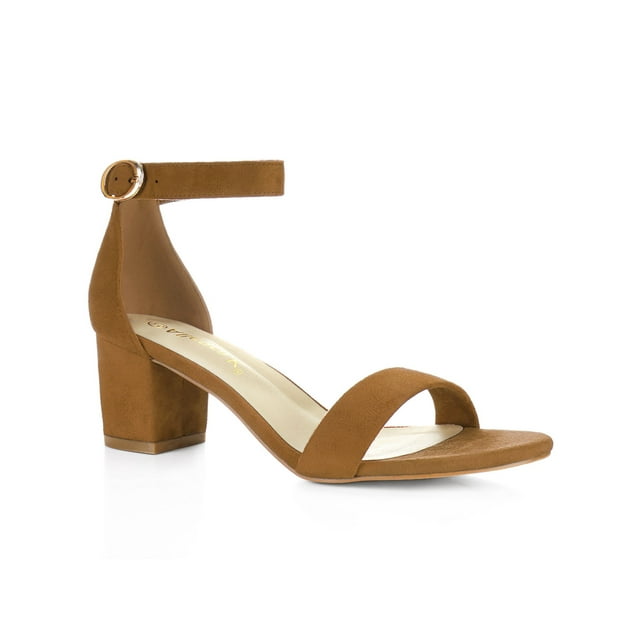 BLISSFUL STEP Women's Shoes Open Toe Mid Block Heel Ankle Strap Faux Suede Sandals Brown 5