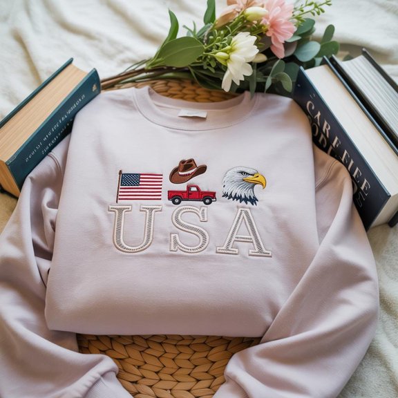 EMBROIDERED USA Icons Sweatshirt, Patriotic Summer Shirt, 4th of July Shirt, American Flag Graphic Tee, Memorial Day Shirt,Vintage USA Shirt