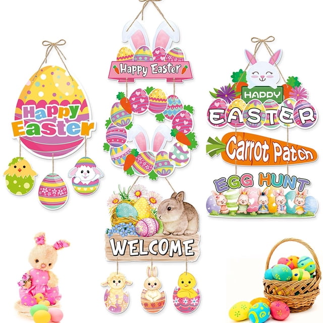 Yhmxh Easter Decorations Rabbit Sign Hanging Wall Decor Bunny Carrot Happy Easter Egg Door Signs with Ropes Decorative Easter Theme Sign Plaque Hanger for Easter Home Wall Door Indoor Outdoor Spring
