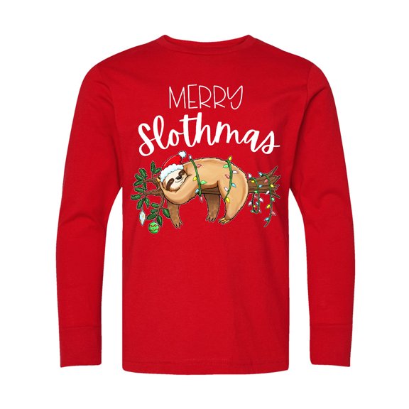 Inktastic Merry Slothmas Cute Christmas Sloth in Hat with Lights Long Sleeve Youth T-Shirt