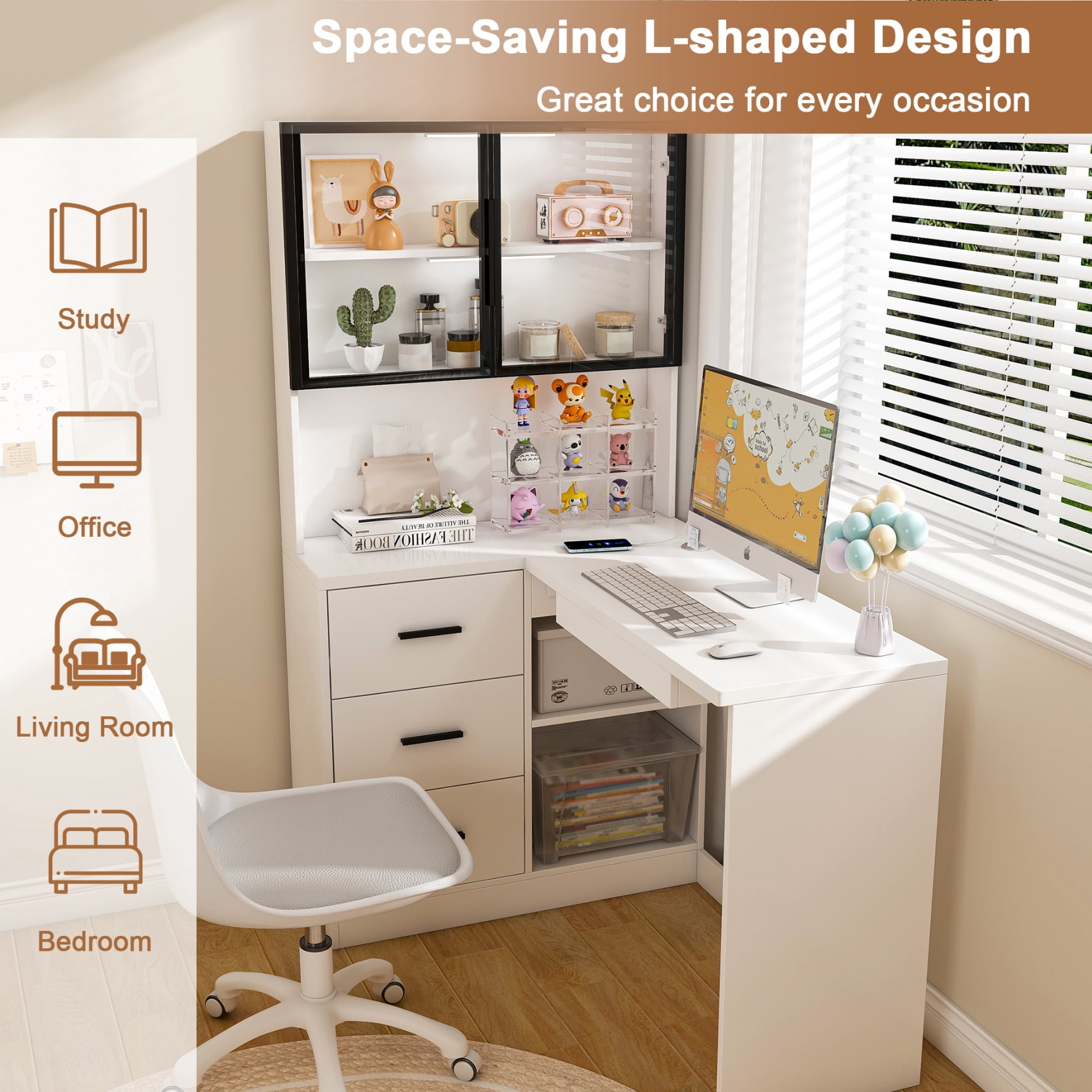 L Shaped Corner Desk with LED Lighting and Charging Ports, Home Office Desk with Keyboard Tray, Glass Cabinets and 3 Drawers, White