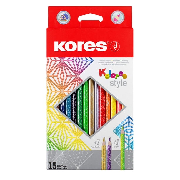 Kores - Kolores Estilo: 15 lápices de colores para niños, principiantes y adultos, tonos metálicos y
