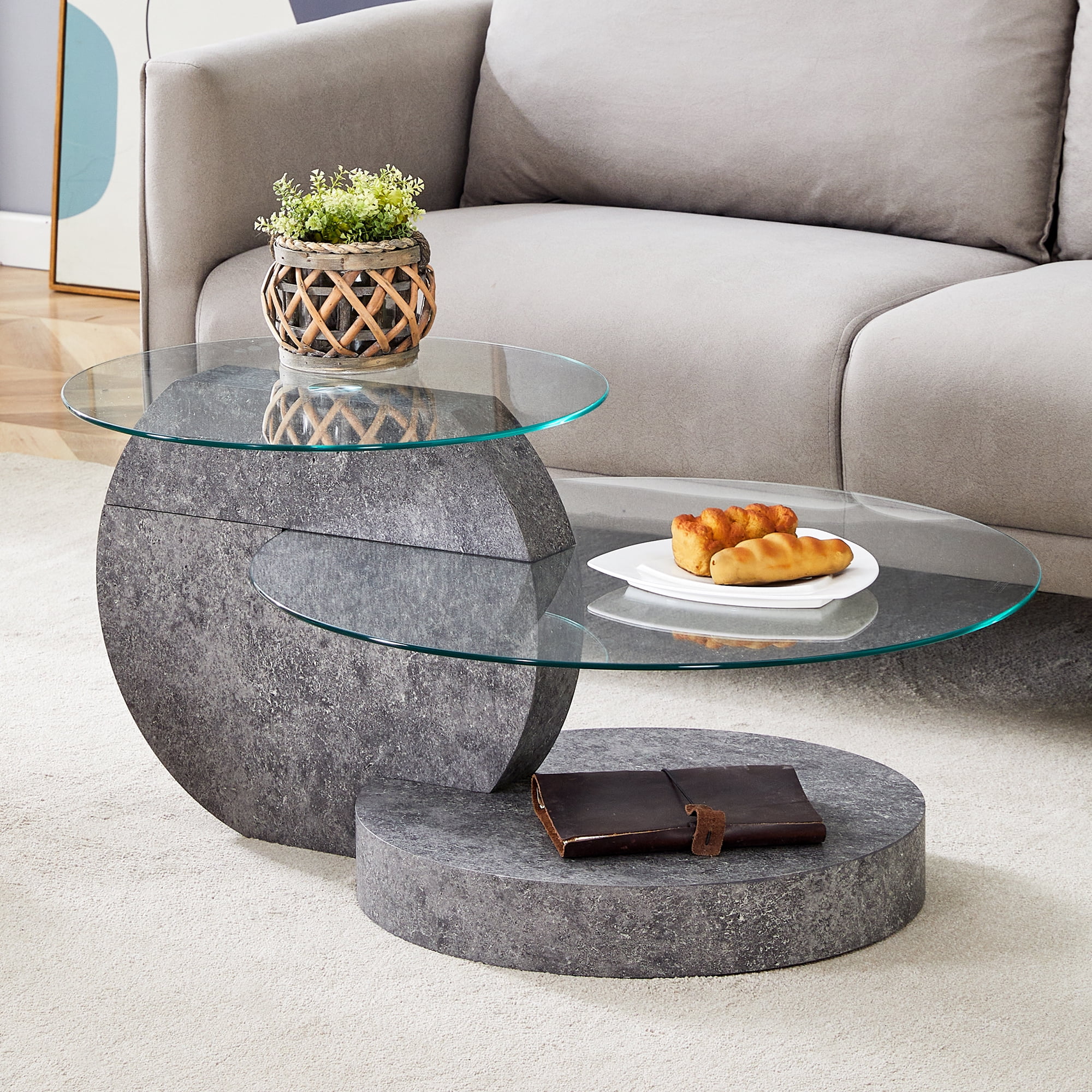 JUFU 35.4" Glass Coffee Table, Modern Round Coffee Table with MDF double-layer Gray Stone Texture Base, 2-Tier Tempered Glass Top, Easy to Assemble, Ideal for Living Room, Small Space, Home Office