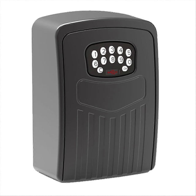 tuya smart key box bluetooth storage lock box-password caja de llaves negra de aleación de aluminio con teclado numérico, vista frontal que muestra botones 0–9 y C/OK; compacto perfil rectangular, a menudo usado montado en pared y adecuado para guardar llaves de repuesto o pequeños objetos.