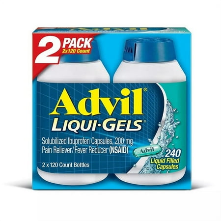 pack of 2 Advil Liqui-Gels Pain Reliever/Fever Reducer Liquid-Filled Capsule 200mg Ibuprofen 120 count .