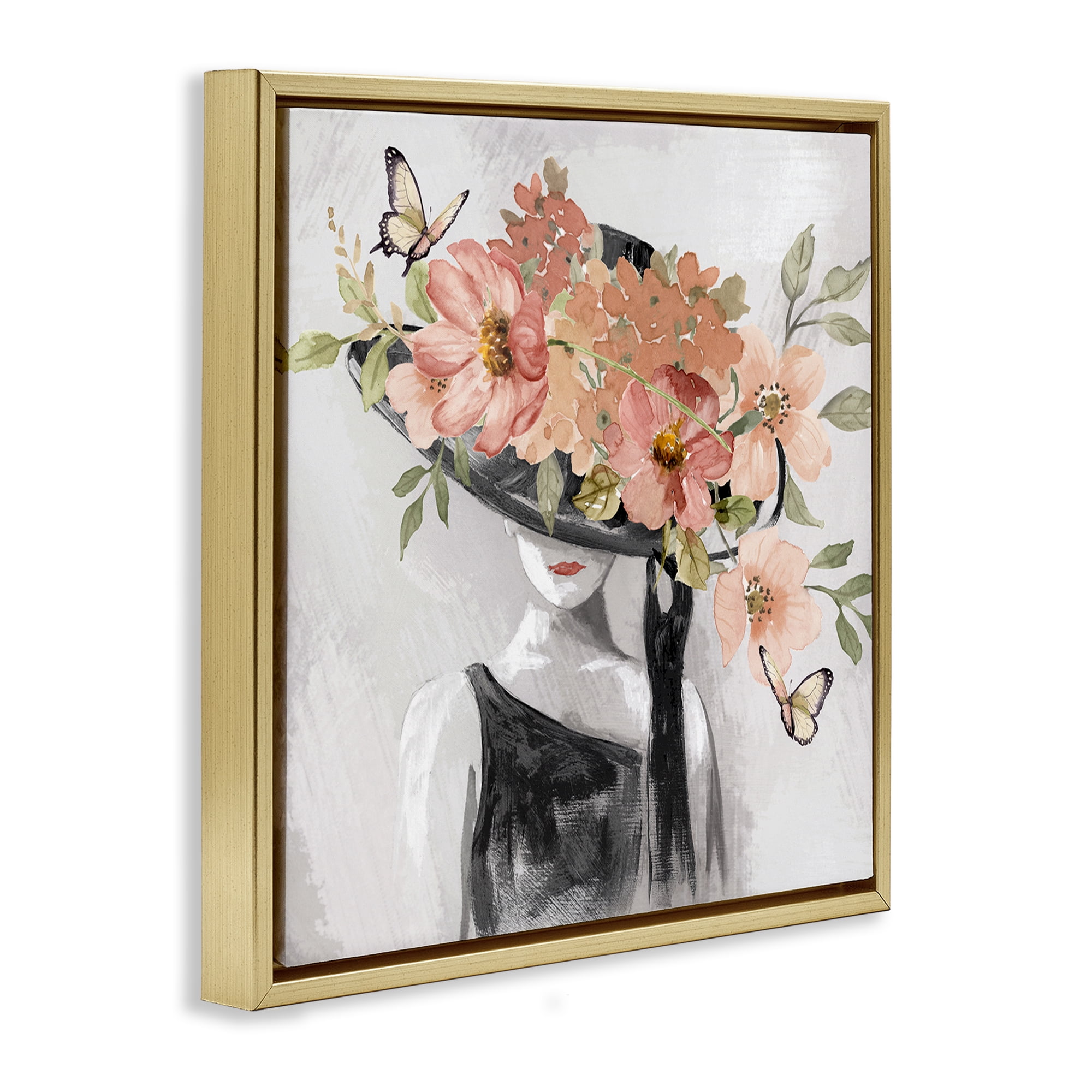 Stupell Industries Pink Floral Hat People Painting Gold Floater Framed Canvas Art Print Wall Art, 25 x 25