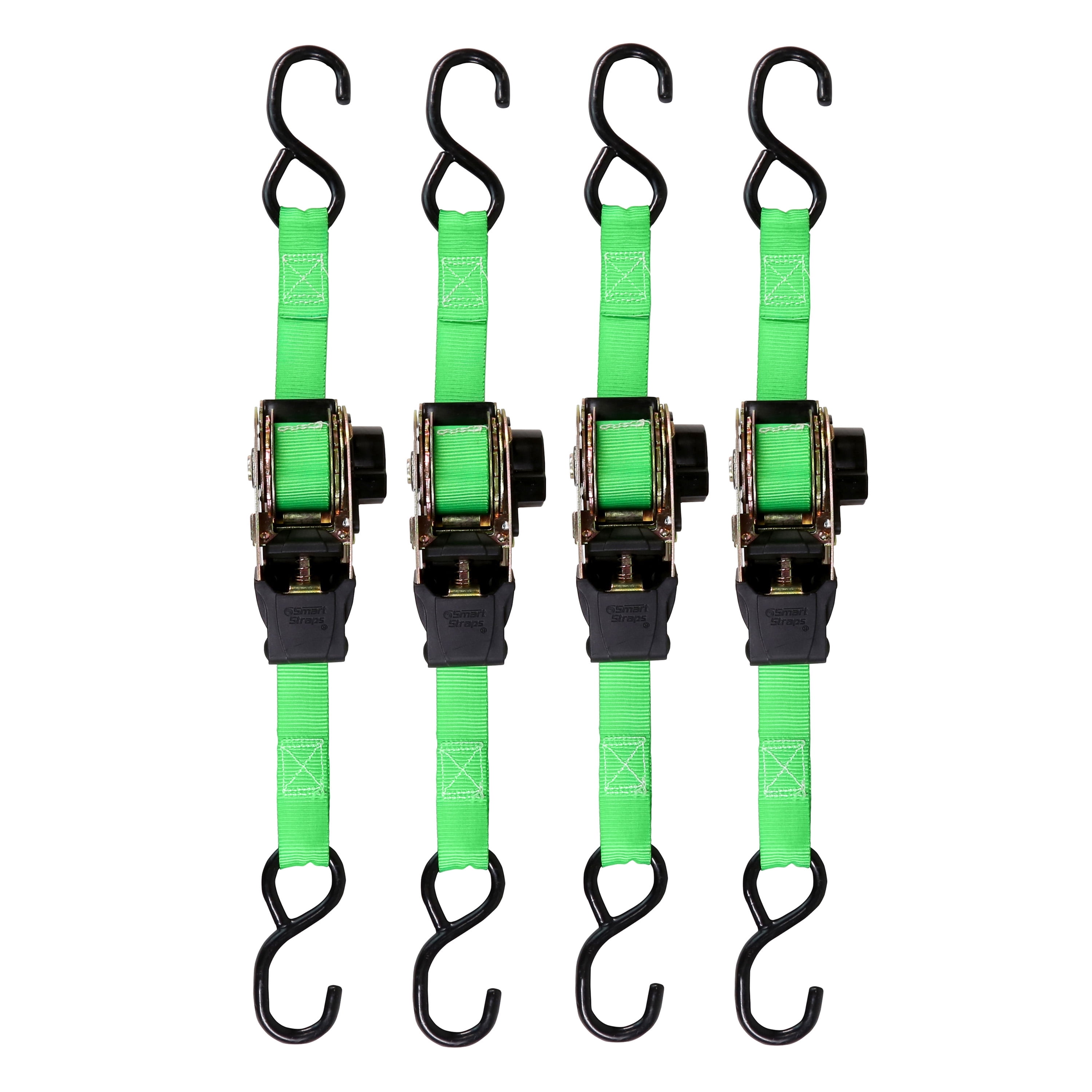 SmartStraps Retractable Ratchet Tie Down Straps, 1" x 6 ft, 500 lb Safe Work Load, 1,500 lb Break Strength, Green, 4-Pack