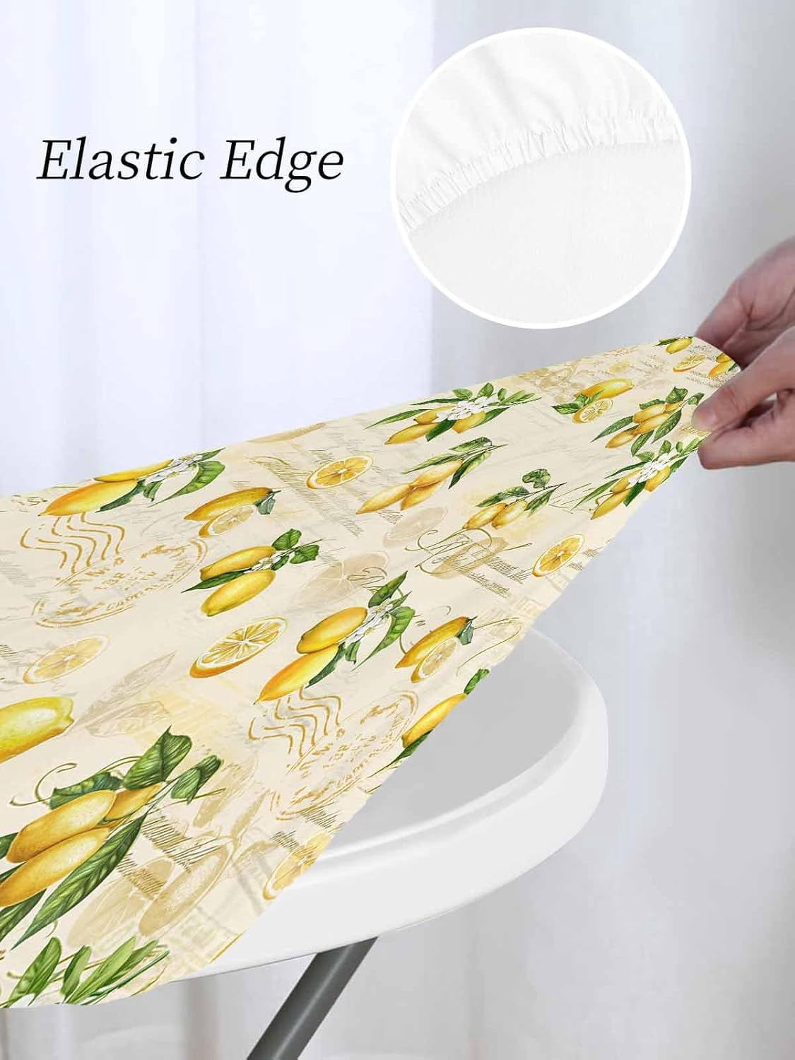 Round Fitted Tablecloth Elastic Edged Table Cover,Summer Farmhouse Lemon on Vintage Stamp Waterproof Wipeable Table Cloths for Kitchen Dining Party Fit up 36"-44" Tables,Rustic Fruit Theme