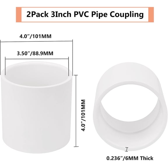 GHRTGR-2Pack 3in PVC Pipe Fitting Coupling (Socket) Heavy Duty 3in PVC Slip Connector, White