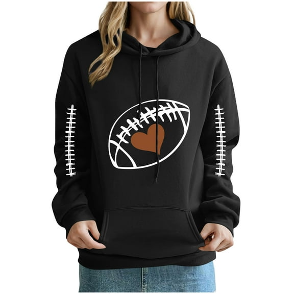 VOONCAS Women's XL Black Football Hoodie - 100% Polyester, Football Heart Graphic, Stitch Accents, Kangaroo Pocket - Casual & Game Day Outfits