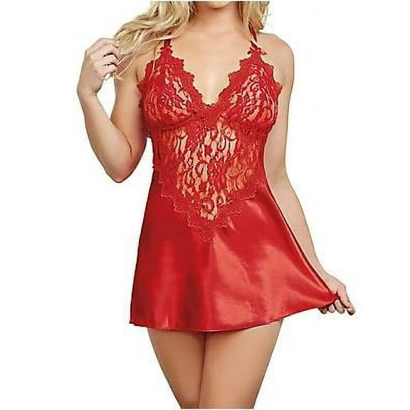 DREAMGIRL Red Satin Charmeuse Bias Cut Chemise w/Matching Thong, US Small , NWOT