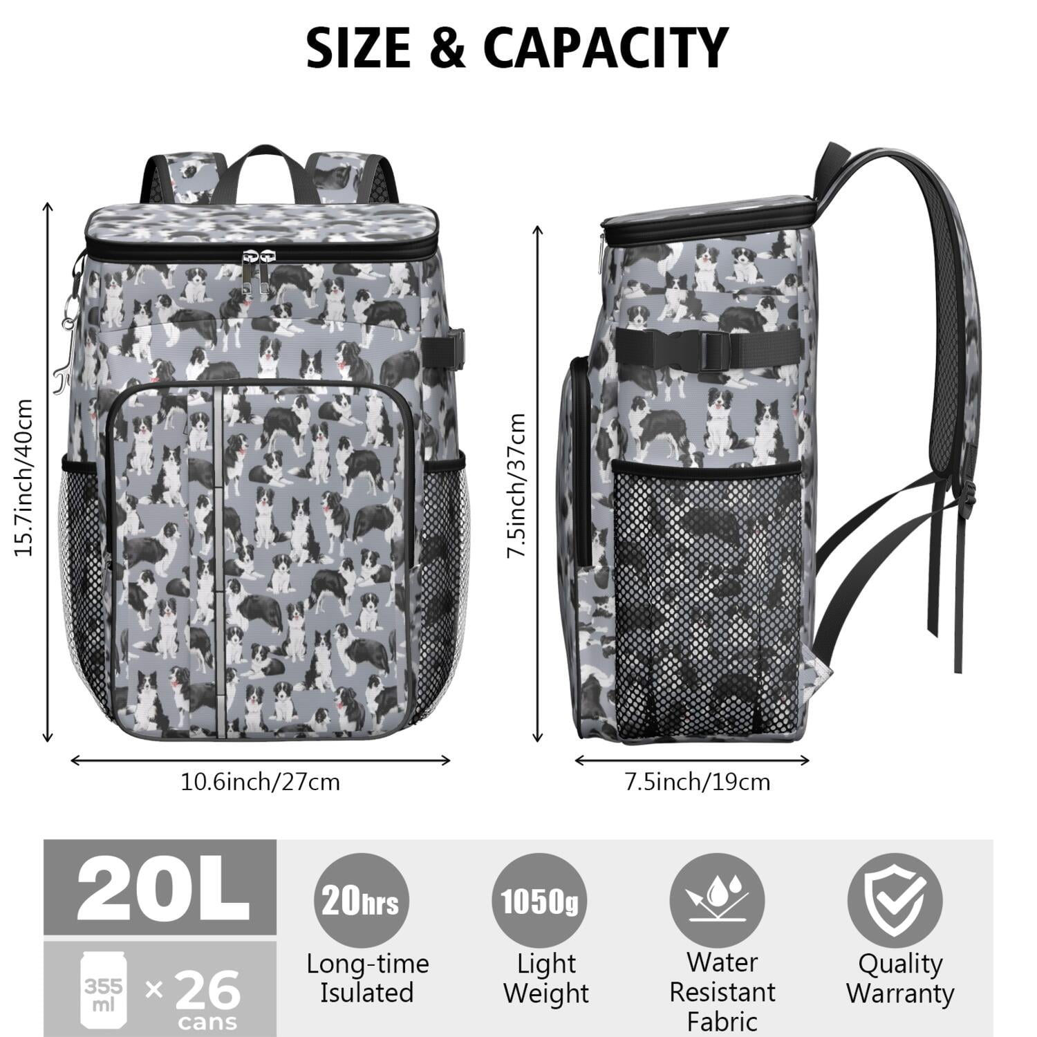 Travel Cooler Bag - Cute Border Collie Pattern Camping Beer Cooler Backpack with Bottle Opener- Waterproof Insulated Picnic Backpacks - Cooler Bag for Beach