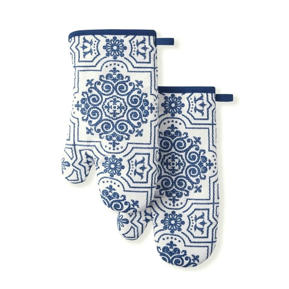 Martha Stewart Strie Medallion Oven Mitt 2-Pack Set, Navy Blue, 7"x13"