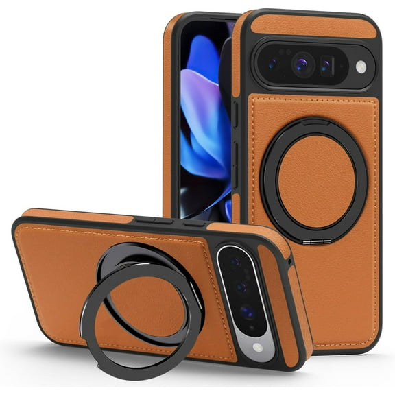 MYKOMI Magnetic Case Designed for Google Pixel 10/Pixel 10 Pro Leather 360 Degree Rotatable Ring Stand Kickstand Rugged Shockproof Phone Cover for Pixel 10/10 Pro