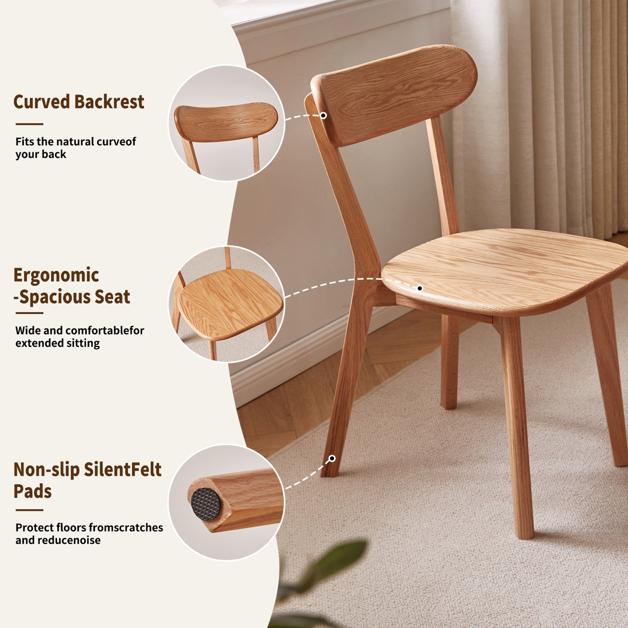 Noble House Set of 2 Solid Oak Dining Chairs, Wooden Side Chairs with Butterfly Backrest, Natural