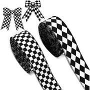 Vorkoi 2 Rolls/ 20 Yards Black and White Checkered Ribbons Buffalo Plaid Checked Wired Edge Diamond Gingham Harlequin Gift Wrapping Ribbon for DIY Hair Bow Wreath Decor Crafts
