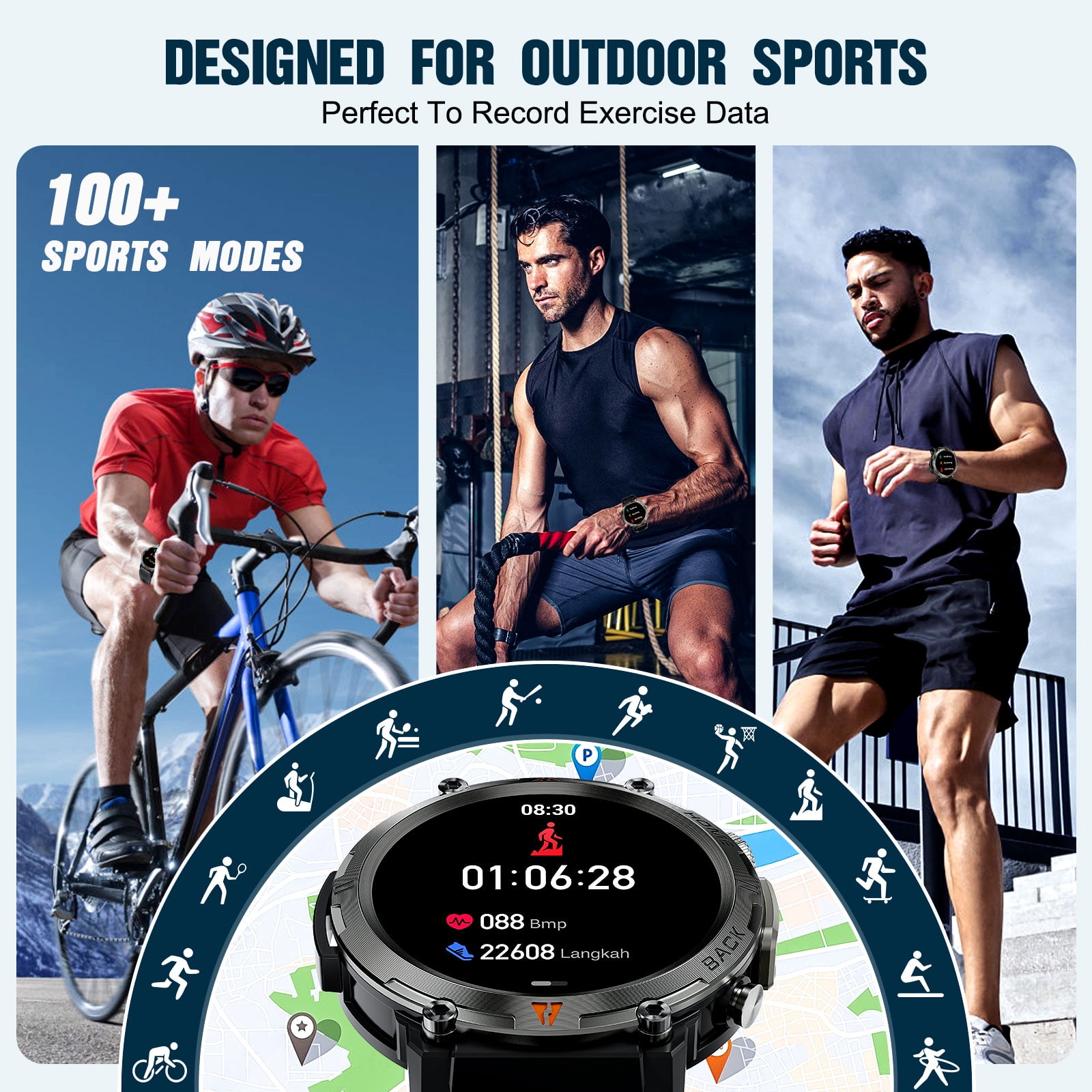 XAXRE 3ATM Waterproof Smart Watches for Men KE3 with LED Flashlight Android Smart Watch Compatible with iPhone(Call Received/ Dial) 1.45" HD 110+ Sports Modes