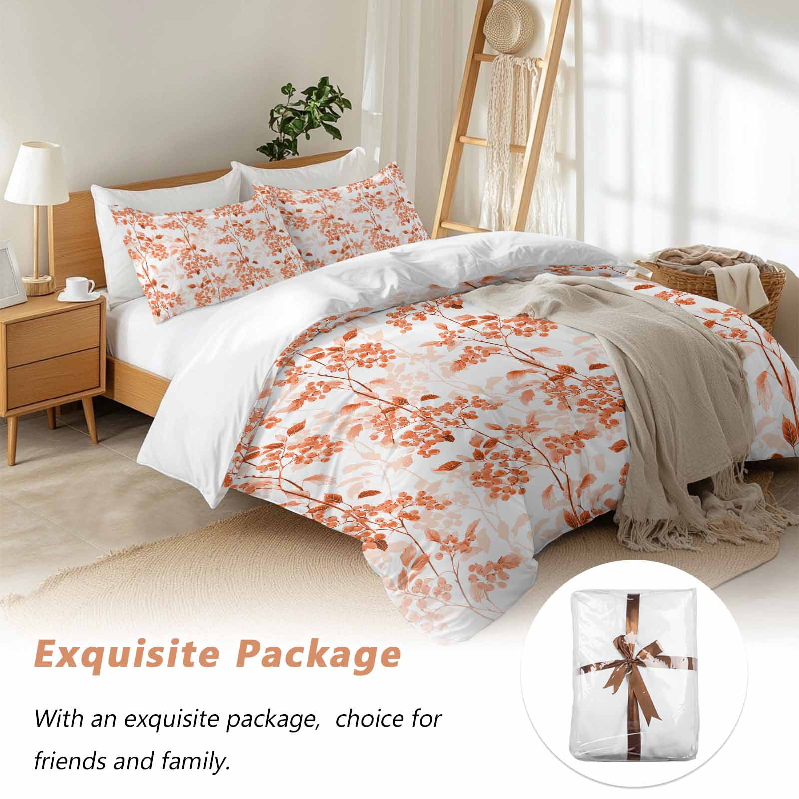 Burnt Orange Botanical Bedding 3 Piece Duvet Cover Set Full Size, Vintage Nature Flower Soft Microfiber Comforter Cover with Zipper Closure & Pillowcases, Wrinkle & FadeResistant Quilt Cover