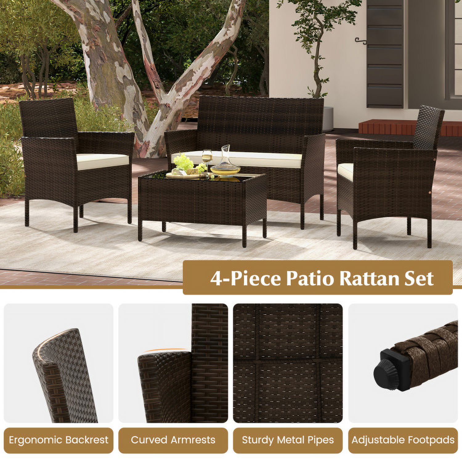 Aimee Lii 4 Piece Patio Rattan Conversation Set with Cushions, Outdoor Patio Furniture Sets, Beige Aimee Lii 4 Piece Patio Rattan Conversation Set with Cushions, Outdoor Patio Furniture Sets, Beige