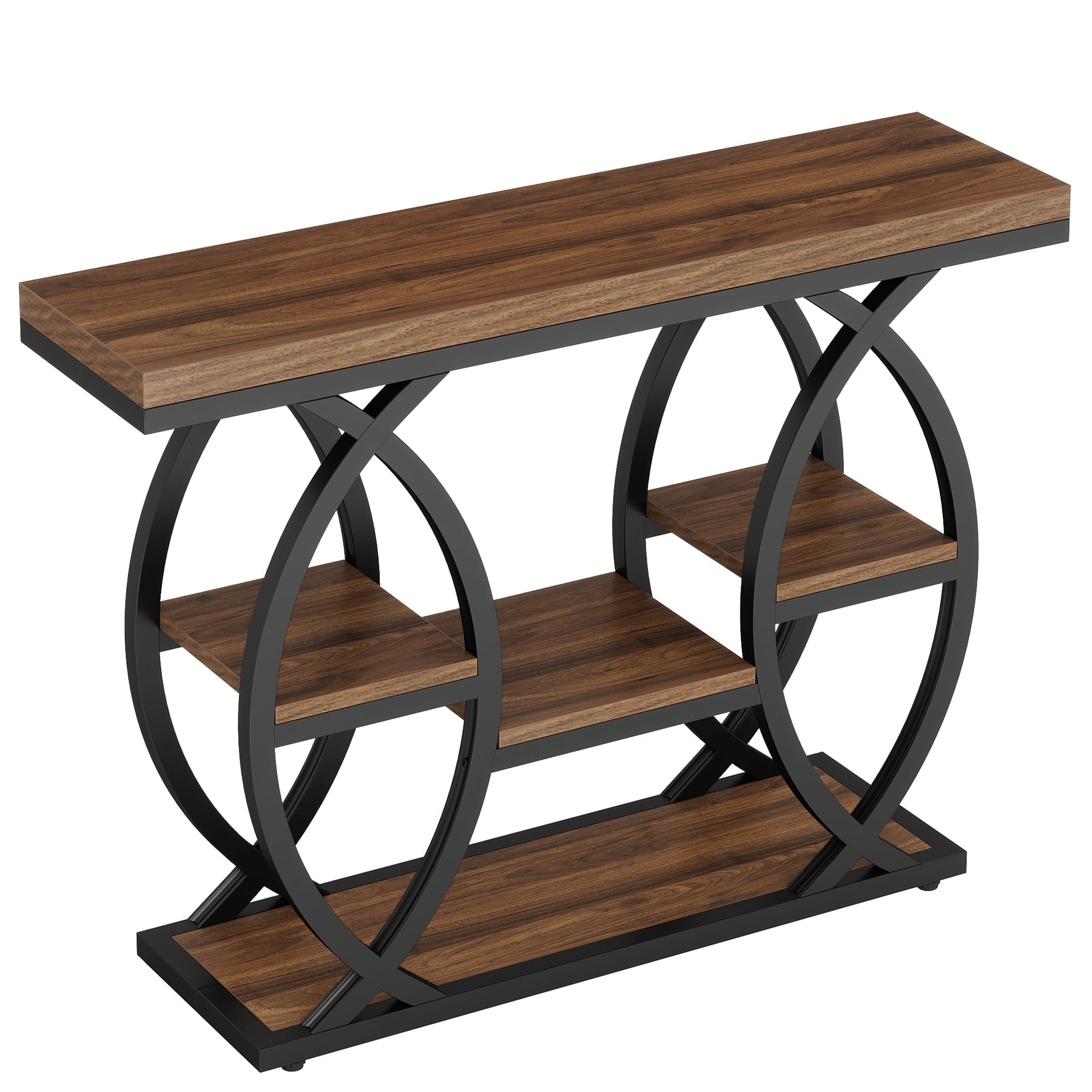 Fnova 39.4" Industrial Console Table, 4-Tier Retro Staggered Storage Shelves, Narrow Wood Accent Table with Metal Frame, for Small Spaces, Entryway, Sofa, Hallway