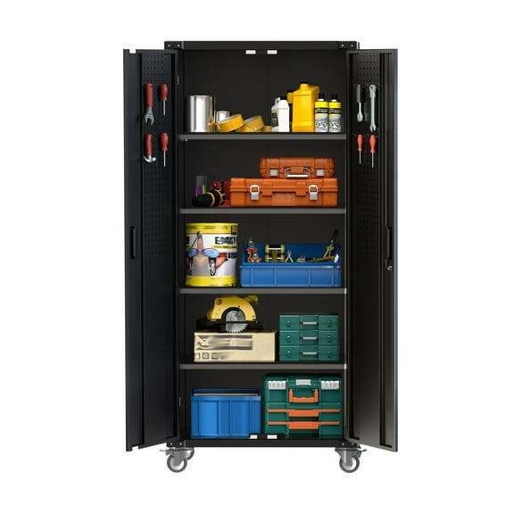 Arigeas 72" Tall Metal Storage Cabinet with Pegboard Doors, Adjustable Shelves & Lockable Wheels for Tools, Office, Home, Garage