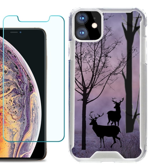 For Apple iPhone 11 Case, Hybrid Bumper Phone Case, with Tempered Glass Screen Protector, by OneToughShield ® - Forest/Deer/Twilight