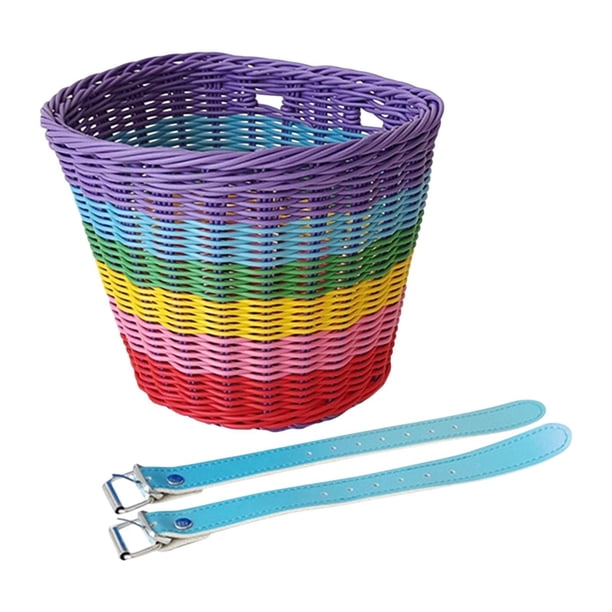 Cesta de bicicleta para niños Imitación delantera de canasta de ratán Cesta de canasta de arco iris canasta de bicicleta de almacenamiento para viajes Correas azules