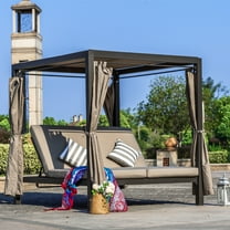 Outdoor Patio Daybed with Canopy, Square Recline Sunbed Daybed with Cushions, Gray