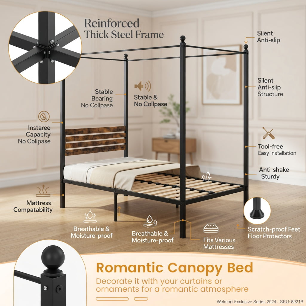 Demi Bonn Twin Size Canopy Metal Platform Bed Frame with Under Bed Storage, Steel Slat Support, No Box Spring Needed, Black