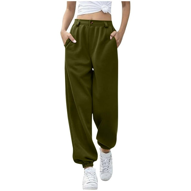 Enjoytime Women's Pants Solid Color High Waisted Button Trousers Loose Travel Workout Sweatpants with Pockets Army Green S
