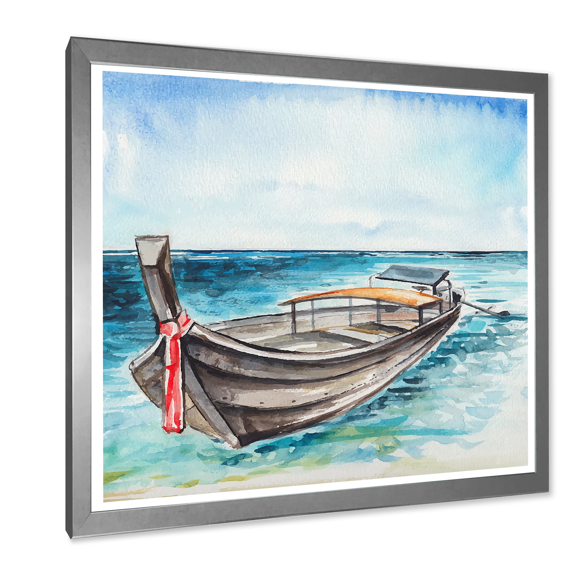 Designart 'Little Boat At The Lake Shore' Nautical & Coastal Framed Art Print