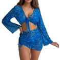 thumbnail image 2 of Womens 3 Piece Sheer Mesh Swimsuits Cover Up Long Sleeve Wrap Tie Crop Tops Mini Skirt Beach Set, 2 of 6