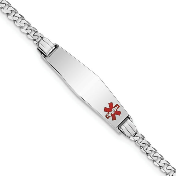 14K White Gold Wg Medical Soft Diamond Shape Red Enamel Flat Curb Link Id Bracelet (7 X 7.5) Made In United States xm586fcw-7