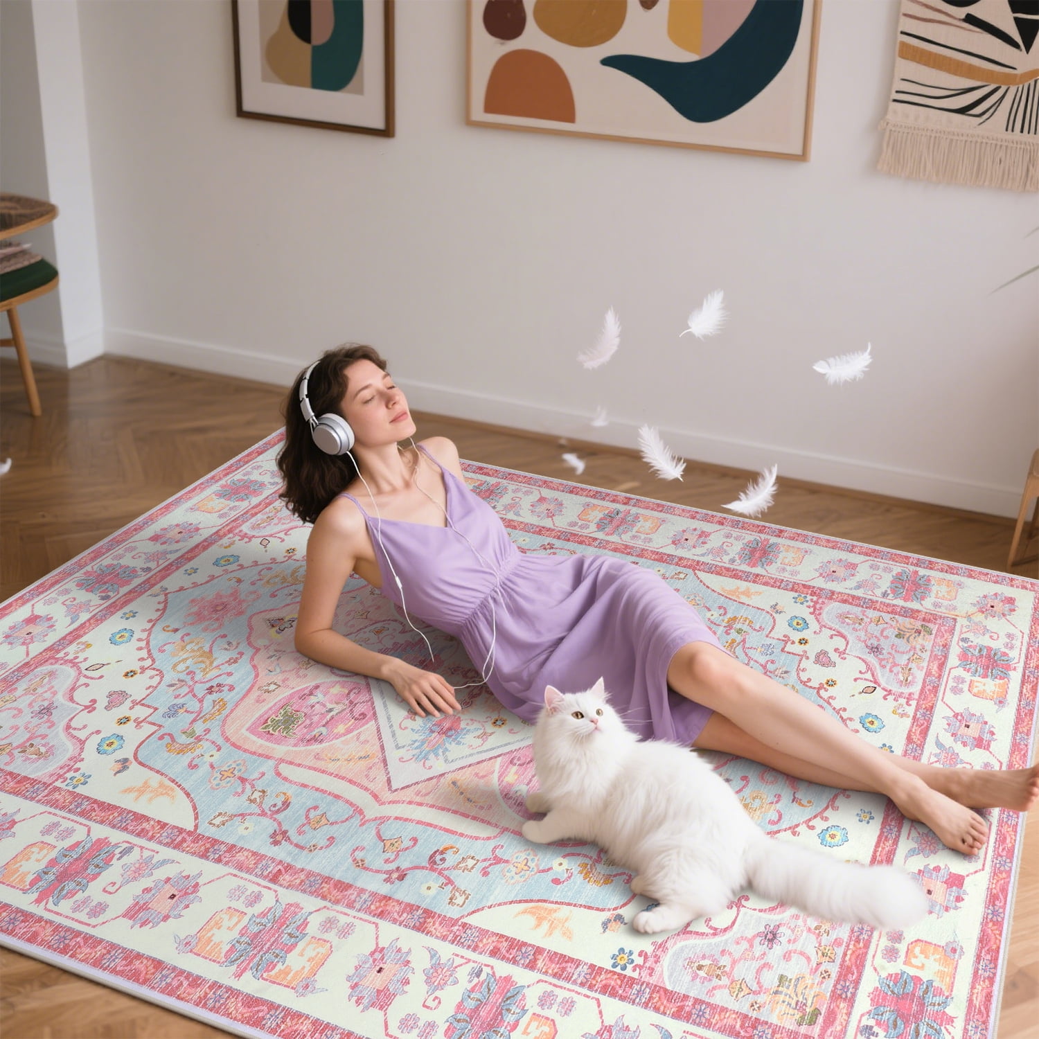 Balacho Pink Persian Medallion Area Rug Floral Pattern Low-Pile Carpet for Bohemian Living Room, 5' x 8'