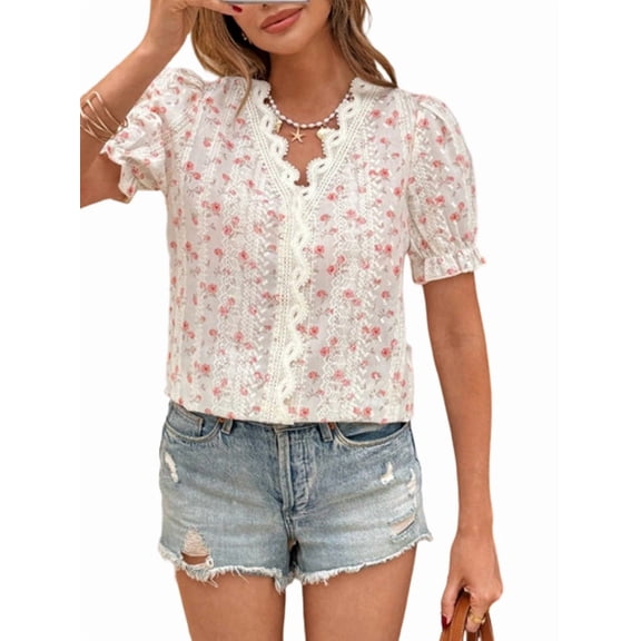 Women'S Summer Floral Lace Blouse V Neck Dressy Casual Going Out Boho Top Milky White L