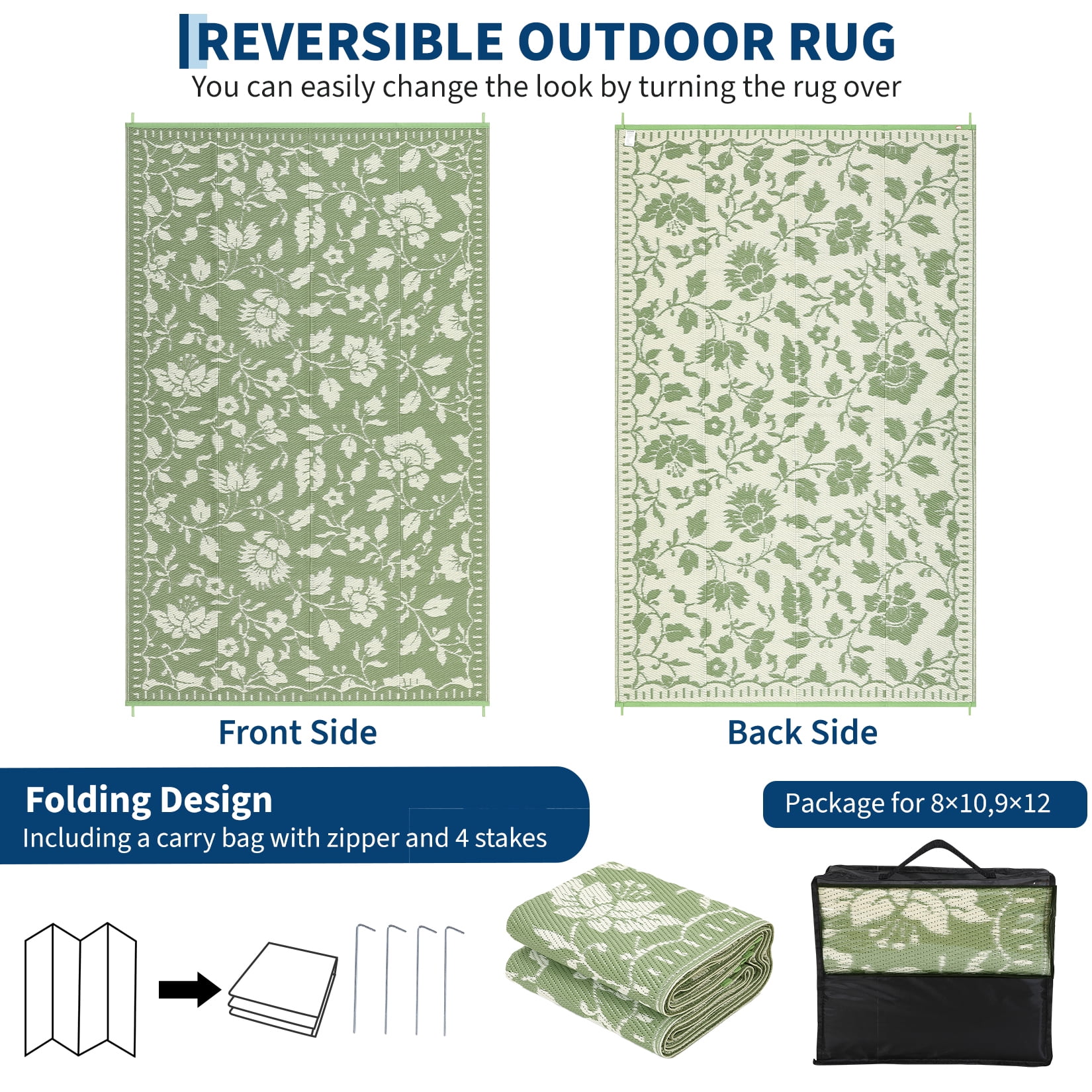 Garvee 10'x14' Outdoor Rug Waterproof Floral Camping Carpet, Reversible Plastic Straw Rug Outdoor Rug for Patio RV Balcony Backyard, Green
