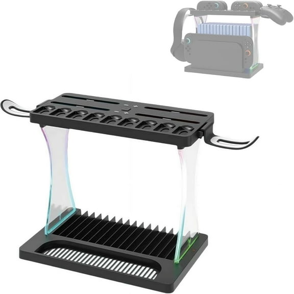 Charging Base for Nintendo Switch 2 with Double-Layer Storage & LED Light. Multi-Use Rack Holds 9 Game Cartridges/16 Discs/Handles/Headset-Black
